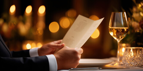 Man reading menu at fine dining restaurant dinner