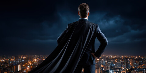 Businessman hero standing on rooftop watching city