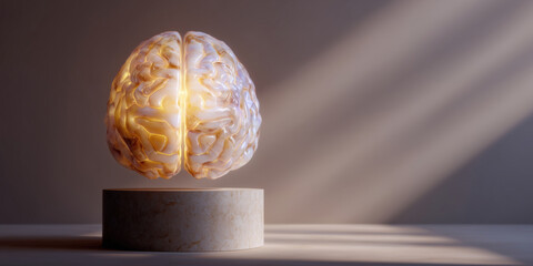 Glowing human brain floating over a marble pedestal