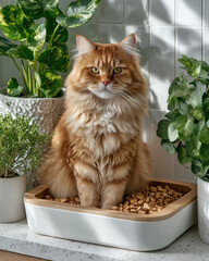 Fluffy ginger maine coon cat sitting in litter box