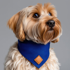 Poodle mix dog wearing blue bandana looking up