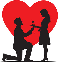 Romantic silhouette proposal with red heart background