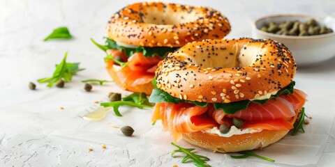 Delicious Bagel Sandwich Burger: toasted bagel filled with creamy cheese, smoked salmon, fresh spinach