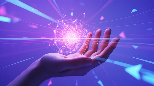 Hand holding digital sphere in futuristic interface - Powered by Adobe
