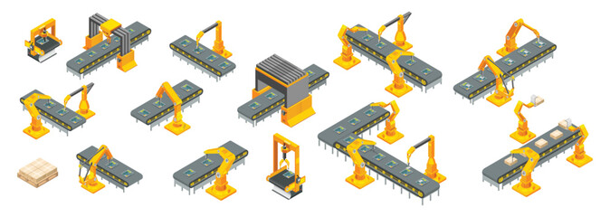 Isometric industrial automation conveyor line and robots set vector illustration