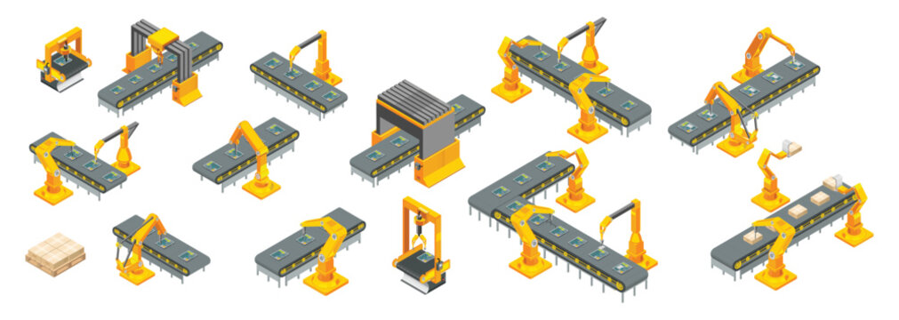 Isometric industrial automation conveyor line and robots set vector illustration
