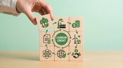 Carbon Credit Concept: Blocks with Icons of Sustainability, Industry, and Finance