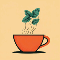 Flat illustration of orange tea cup with steam forming green leafy plant. Minimal design for wellness, herbal tea or self-care branding with copy space