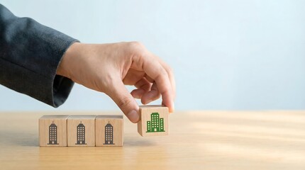 Hand picking green building block with company icon, business growth concept