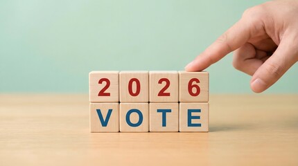 Hand pointing at wooden blocks with "2026 Vote" text, election concept
