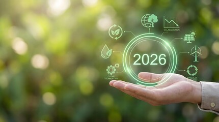 Sustainable Future 2026: Hand Holding Eco-Friendly Technology Icons
