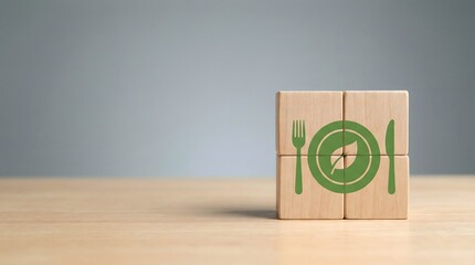Eco Friendly Food Concept: Wooden Blocks with Green Leaf on Plate, Fork and Knife
