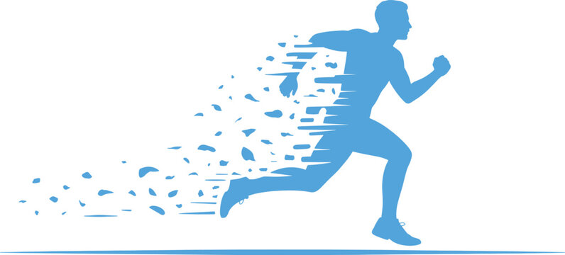 Blue silhouette of a man running with fragments breaking off his body