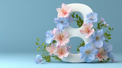 White numeral eight surrounded by pastel blue and pink flowers for decorative floral design
