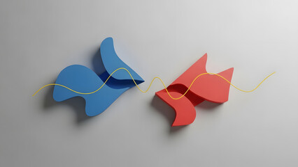 Abstract blue and red shapes are conceptually linked by a dynamic wavy yellow line.