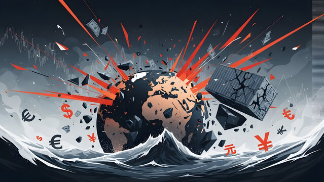 A fractured globe amidst turbulent seas with currency symbols depicts a global trade crisis.