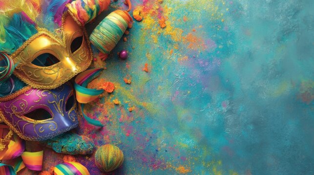 Vibrant carnival masks with gold and purple design beside colorful ribbons and confetti