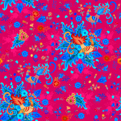Fairytale birds and paisley among flowers and foliage on a complex crimson background. A seamless fabric print with folkloric motifs