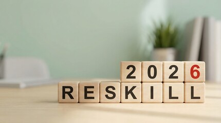 Reskill 2026: Wooden Blocks Spelling Future Career Development and Adaptation