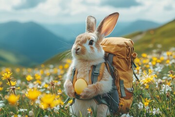 A determined rabbit stands proudly in a meadow, clutching a golden egg, capturing the essence of adventure and the exploration of nature during bright spring days.