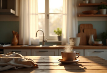 Cozy morning coffee in sunlit home kitchen 