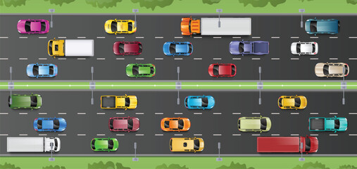 Top view highway traffic with cars and trucks vector illustration