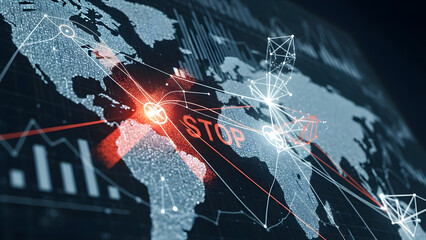 A digital world map displays a glowing red "STOP" warning signal indicating a global crisis.