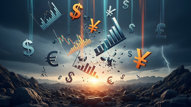 Dollar, euro, and yen symbols with financial graphs plummet from a stormy sky into a desolate landscape.
