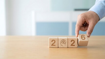 businessman placing wooden block with number six on table with 2022