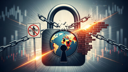 The Earth is trapped inside a padlock with chains and a "No Entry" sign, representing global protectionism and economic barriers.