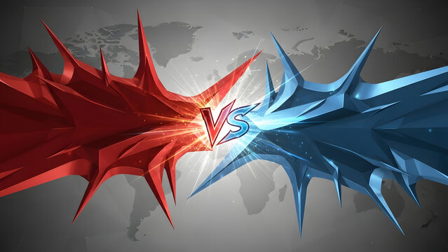 Intense red and blue energy spikes clash over a world map, symbolizing a powerful global confrontation or competition.