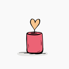 Flat illustration of minimalist scented candle with heart-shaped flame. No text, isolated on white background &mdash; ideal for wellness, self-care or Valentine&rsquo;s Day branding with copy space