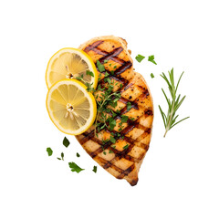 Grilled chicken breast with lemon slices and herbs in bright studio lighting on a white background for healthy eating.