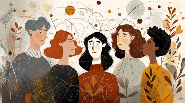 Colorful illustration featuring diverse group of people engaged in conversation, showcasing various expressions and styles, creating a vibrant social atmosphere of connection and communication