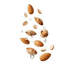 Almonds falling with water droplets in natural lighting on white background for food advertising