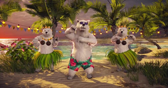 3D Render of Polar Bears Dancing on Tropical Beach at Sunset, Romantic Travel Getaway with Exotic Island, Palm Trees, Ocean Waves, Paradise Holiday, Ideal for Love, Honeymoon, and Valentine&rsquo;s Day.