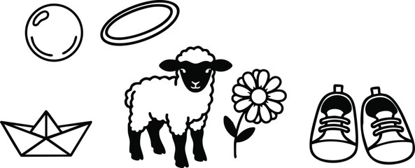 Minimalist line art vector set baby toys paper boat soap bubble frisbee lamb daisy pair of baby shoes outline icons playful composition centered simple black nursery