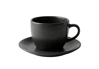 perfectly centered, empty, matte black ceramic coffee cup and saucer, isolated against a transparent studio background with precise high key lighting. concept for high-end product advertising
