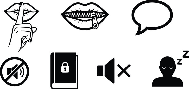 Flat design set of silence icons shushing finger zipped lips speech bubble muted speaker locked diary sleeping person black and white line art minimalist vector collection