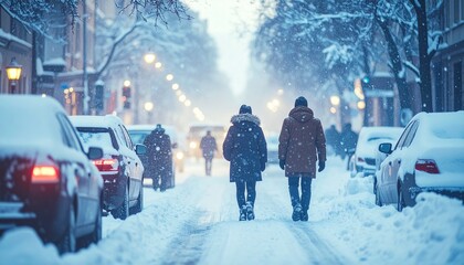 A snowy day in the city with people walking on the road, covered in snow