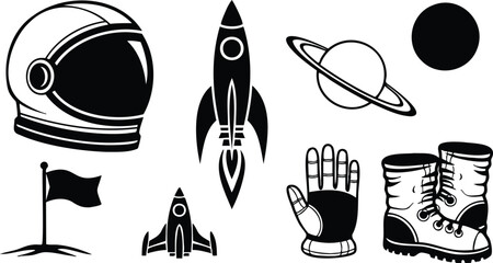 Flat vector space equipment icons close up astronaut helmet rocket and small shuttle planet flag glove and lunar boots simple black silhouette composition isolated line art