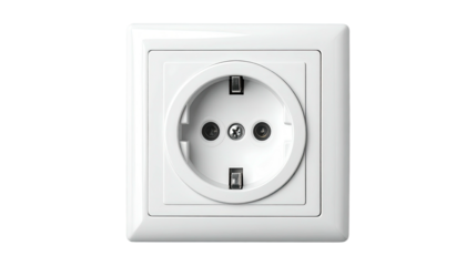 Close-up view of a white, European-style electrical outlet centered against a black backdrop