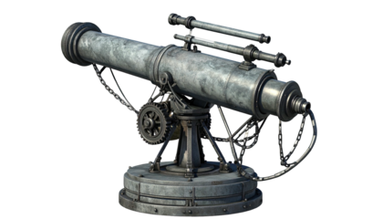 Close-up view of an aged, intricate, metallic, vintage-style astronomical telescope