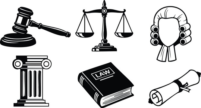 Flat design legal icon set close up gavel scales pillar judge wig law book diploma isolated vector art for legal branding editorial use monochrome simple bold