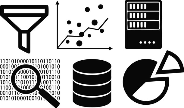 Flat design icons showing filter scatter plot server database magnifier pie chart data stack and analytics dashboard black vector set in clean minimal bold isolated style