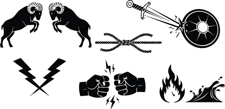 Flat design silhouette icon set rams facing each other sword hitting shield knotted rope crossed lightning fist bump flame wave minimalist black symbols for branding logos