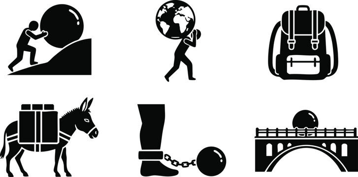 Silhouette vector scenes of person pushing boulder uphill atlas carrying globe packed backpack laden donkey shackle and ball breaking free on bridge dramatic monochrome