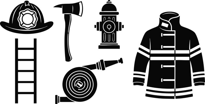 Flat design firefighter equipment icon set helmet jacket ladder hose hydrant axe coiled hose viewed from side black silhouette on white background bold minimal vector isolated