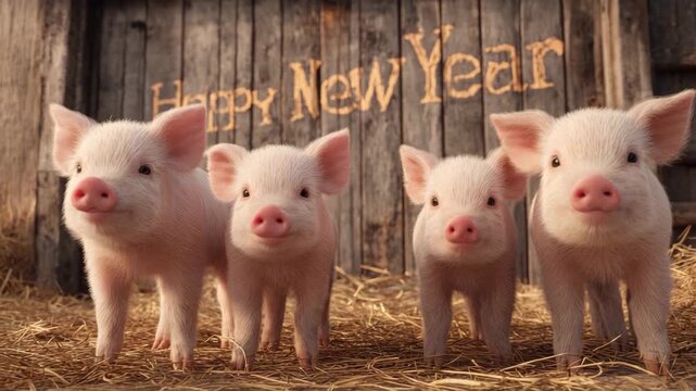 Cute Baby Pigs Celebrating New Year in Barn