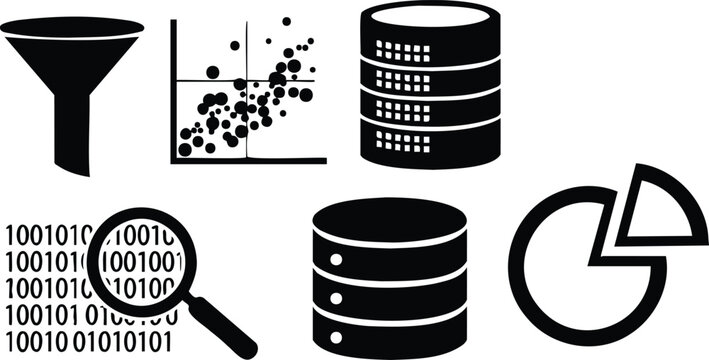 Flat design data analysis icon set showing funnel scatter plot databases magnifier with binary pie chart stacked servers close up on white background bold silhouette vector